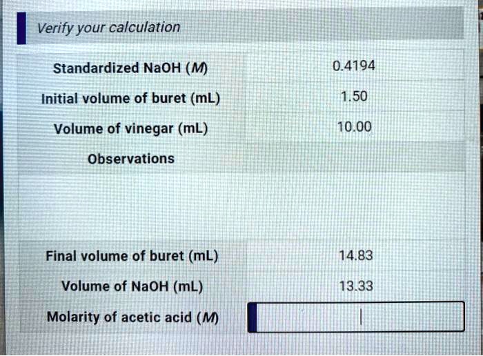 Verify your calculation Standardized NaOH (M) 0.4194 Initial volume of ...