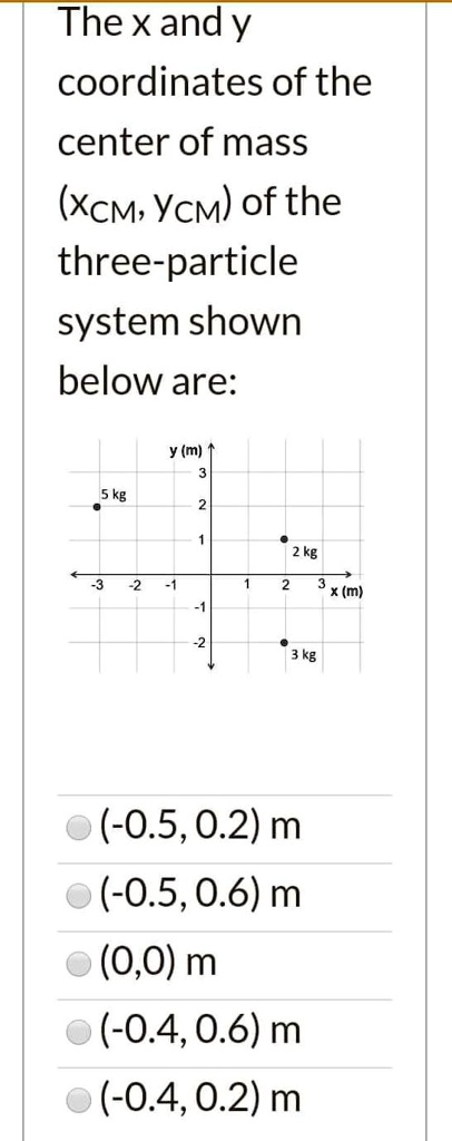 The x and y coordinates of the center of mass (XCM, YCM) of the three-particle system shown below are:
y (m)
3
2
5 kg
1
2 kg
-3
-2
-1
1
2
3 x (m)
-1
-2
3 kg
(-0.5, 0.2) m
(-0.5, 0.6) m
(0, 0) m
(-0.4, 0.6) m
(-0.4, 0.2) m