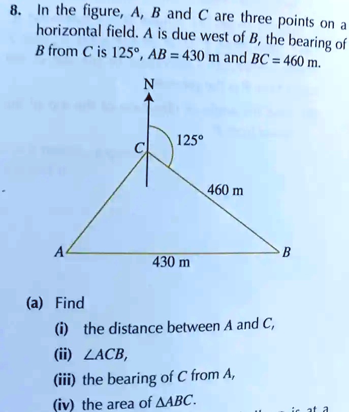 8. In the figure, A, B and C are three points on a horizontal field. A is due west of B, the bearing of B from C is 125°, AB = 430 m and BC = 460 m.
N
125°
C
460 m
A
430 m
B
(a) Find
(i) the distance between A and C,
(ii) ?ACB,
(iii) the bearing of C from A,
(iv) the area of ?ABC.