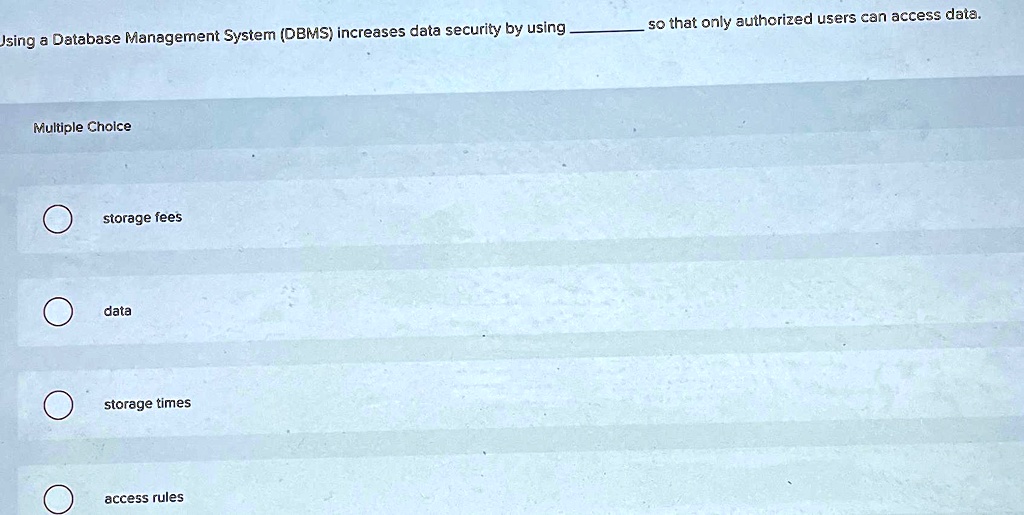 Using a Database Management System (DBMS) increases data security by using  so that only authorized users can access data.
Multiple Choice
storage fees
data
storage times
access rules