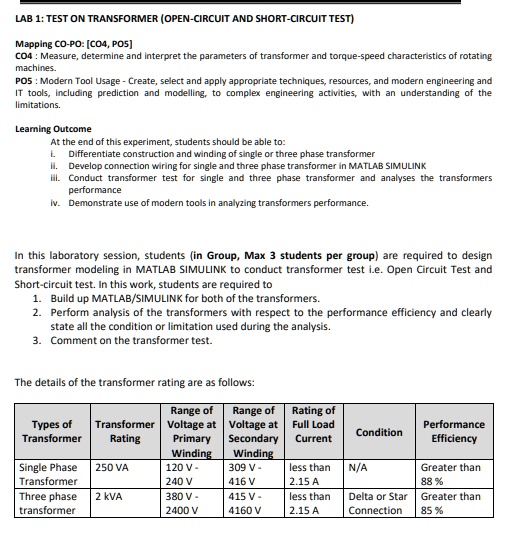 SOLVED: CONCLUSION ABOUT THIS LAB LAB 1: TEST ON TRANSFORMER (OPEN ...