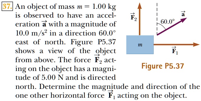 an object of mass m 100 kg is observed to have an accel f2 eration a with a magnitude of 600 100 ms in a direction 6005 east of north figure p537 shows view of the object f from above the fo 50233
