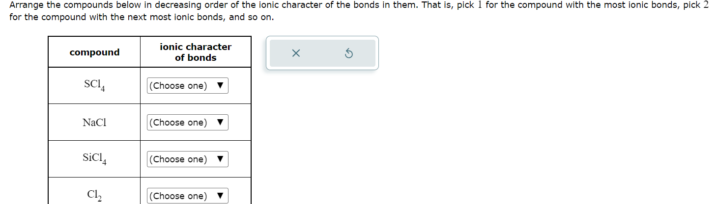 Arrange the compounds below in decreasing order of the ionic character of the bonds in them. That is, pick 1 for the compound with the most ionic bonds, pick 2 for the compound with the next most ionic bonds, and so on.

compound | ionic character of bonds
SCl4 | (Choose one)
NaCl | (Choose one)
SiCl4 | (Choose one)
Cl2 | (Choose one)