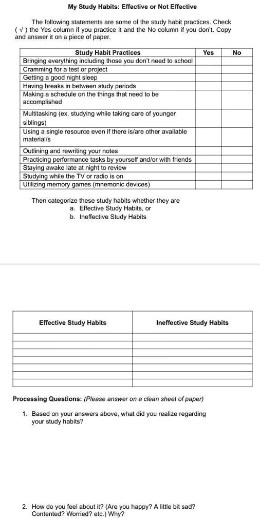 my study habits effective or not effective the following statements are ...