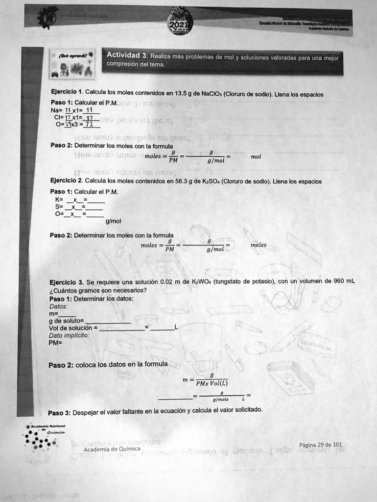 SOLVED Ejercicio 1. Calcula los moles contenidos en 13.5 g de NaClO3