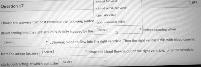 Question 17
1 pts
Choose the answers that best complete the following sentence:
Blood coming into the right atrium is initially stopped by the [Select] before opening when [Select], allowing blood to flow into the right ventricle. Then the right ventricle fills with blood coming from the atrium because [Select] stops the blood flowing out of the right ventricle, until the ventricle starts contracting, at which point the [Select].
Options:
closed AV valve
closed semilunar valve
open AV valve
open semilunar valve