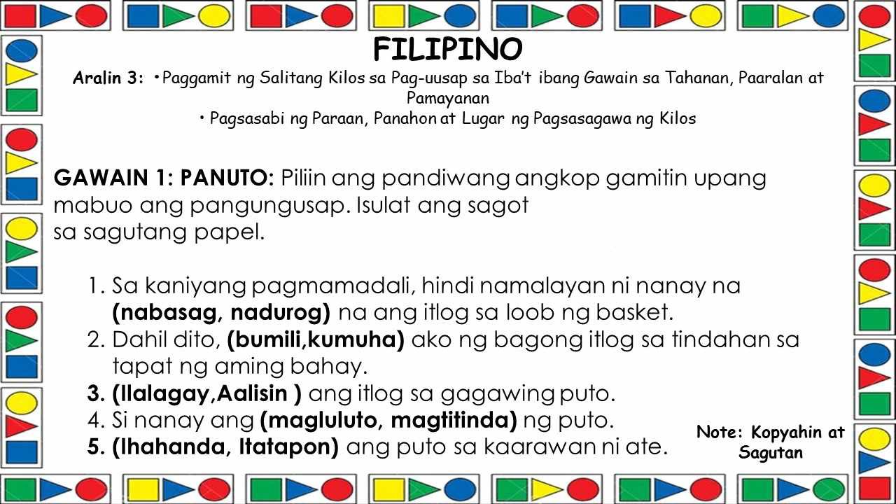 Filipino Aralin 3 · Paggamit Ng Salitang Kilos Sa Pag Uusap Sa Ibat Ibang Gawain Sa Tahanan 8967