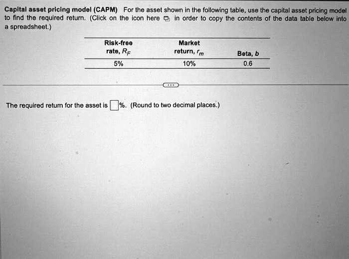 Capital asset pricing model (CAPM) For the asset shown in the following ...