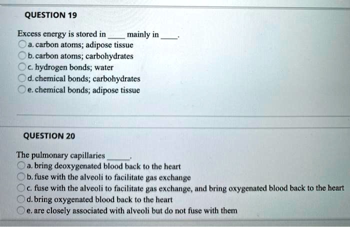 QUESTION 19

Excess energy is stored in  mainly in .
a. carbon atoms; adipose tissue
b. carbon atoms; carbohydrates
c. hydrogen bonds; water
d. chemical bonds; carbohydrates
e. chemical bonds; adipose tissue

QUESTION 20

The pulmonary capillaries .
a. bring deoxygenated blood back to the heart
b. fuse with the alveoli to facilitate gas exchange
c. fuse with the alveoli to facilitate gas exchange, and bring oxygenated blood back to the heart
d. bring oxygenated blood back to the heart
e. are closely associated with alveoli but do not fuse with them