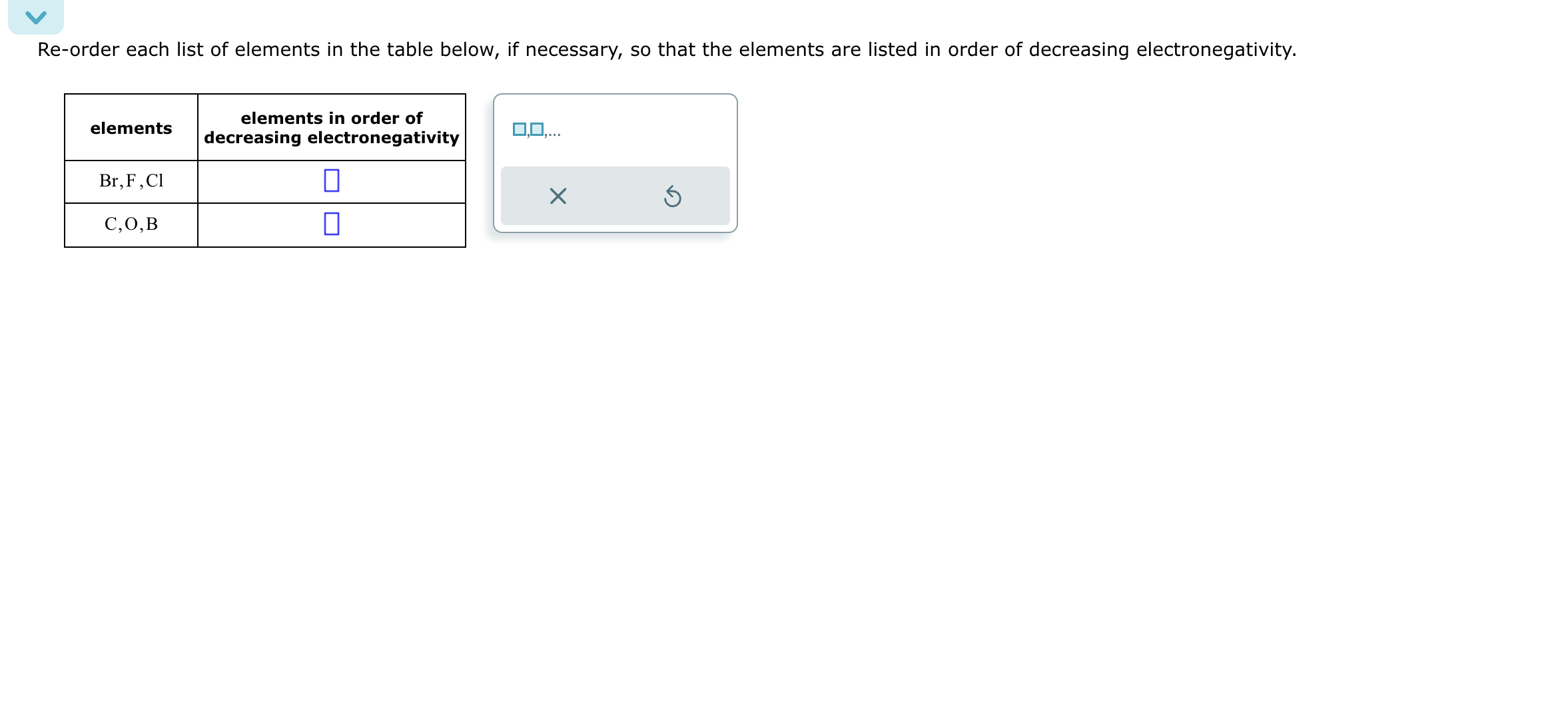 Re-order each list of elements in the table below, if necessary, so ...