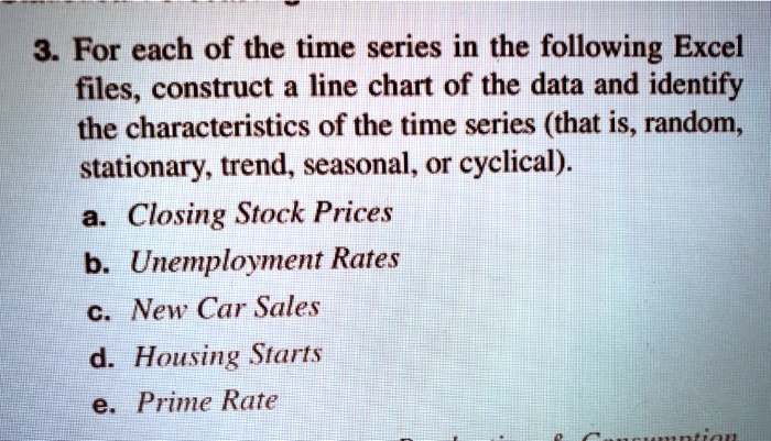 3. For each of the time series in the following Excel
files, construct a line chart of the data and identify
the characteristics of the time series (that is, random,
stationary, trend, seasonal, or cyclical).
a. Closing Stock Prices
b. Unemployment Rates
c. New Car Sales
d. Housing Starts
e. Prime Rate
