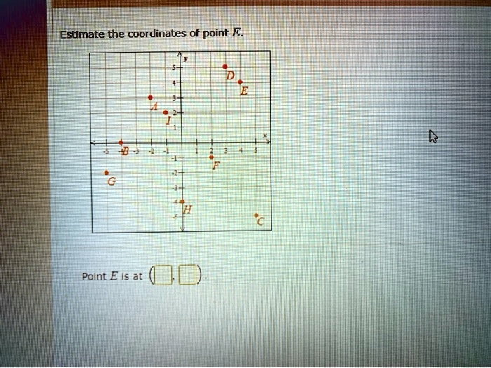 Estimate the coordinates of point E.
5-
D
4
E
3-
A
2+
1
-5 -4 -3 -2 -1 1 2 3 4 5
-1+
F
-2-
G
-3
H
-4
-5+
C
Point E is at ( , ).
