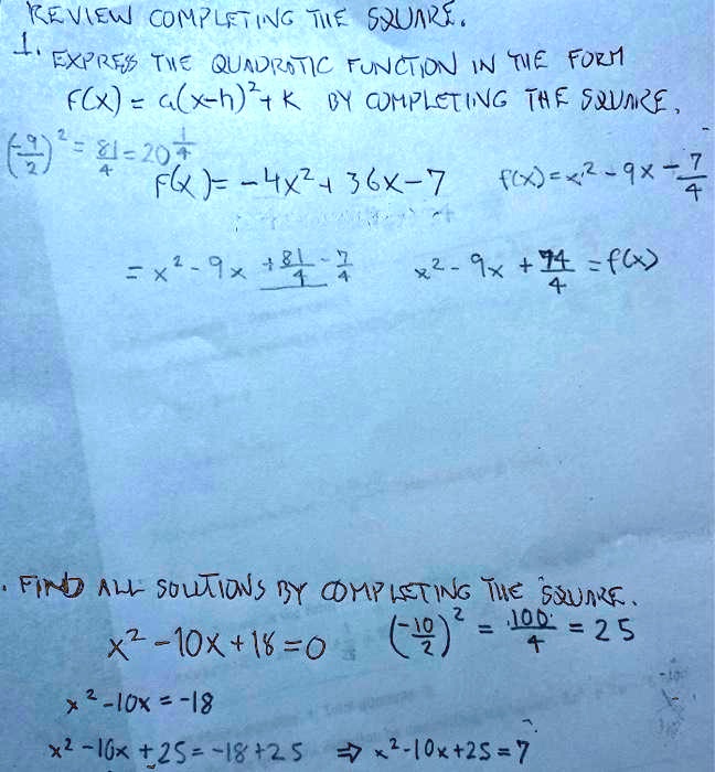 Solved Keview Complfting Ta S Umrs Exp Res Tiz Quadrtic Functon In Ta Forn Fcx X H K 0y Caplcting Thf Squi E 2 4 Fk 4xz 56x 7 F6 Ex 9x