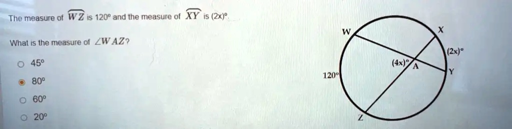 The measure of ⌢WZ is 120° and the measure of ⌢XY is (2x)°. What is the measure of ∠WAZ?
? 45°
? 80°
? 60°
? 20°