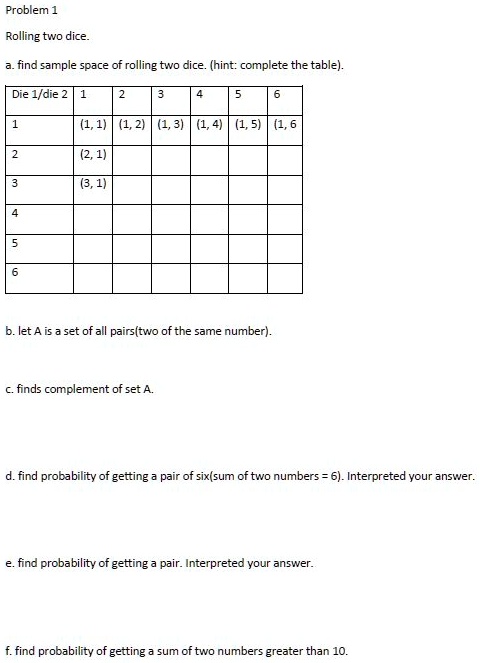 Solved Problem 1 Rolling Two Dice Find Sampl Space Of Rolling Two Dice Hint Complete The Table Die Die 1 17 1 2 1 31 1 4 1 5 1 6 Let A Set Ofall