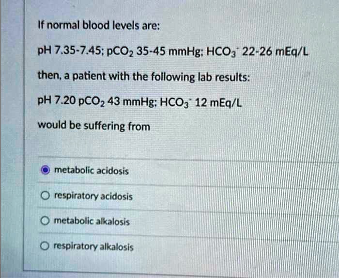 SOLVED If normal blood levels are pH 7.357.45 pCO2 3545 mmHg HCO3