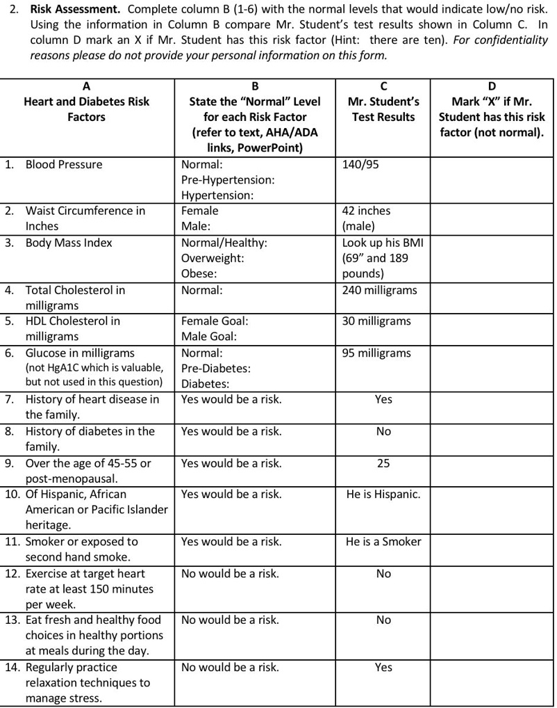 risk assessment complete column b 1 6 with the normal levels that would ...
