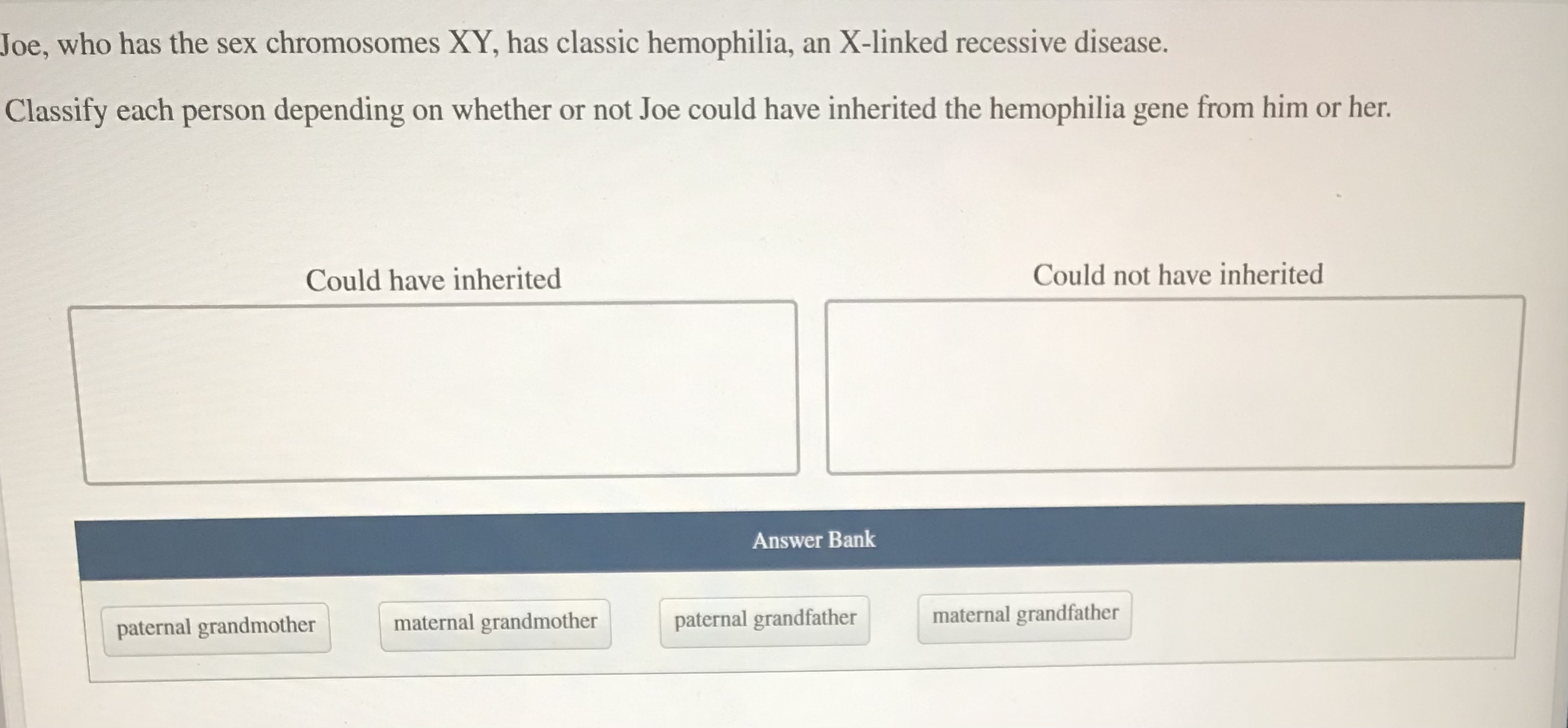 SOLVED: Joe, who has the sex chromosomes XY, has classic hemophilia, an  X-linked recessive disease. Classify each person depending on whether or  not Joe could have inherited the hemophilia gene from him