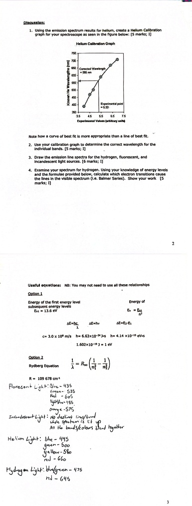 please answer 4 questions it would be great if they are handwritten in order to see the graphs better the observations are at the bottom they were from a spectroscope 1 using the emission sp 13132