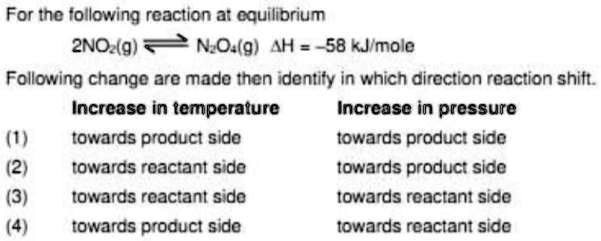 For the following reaction at equilibrium
2NO2(g) $⇌$ N2O4(g) $ΔH = -58 kJ/mole
Following change are made then identify in which direction reaction shift.
Increase in temperature
Increase in pressure
(1) towards product side
towards product side
(2) towards reactant side
towards product side
(3) towards reactant side
towards reactant side
(4) towards product side
towards reactant side