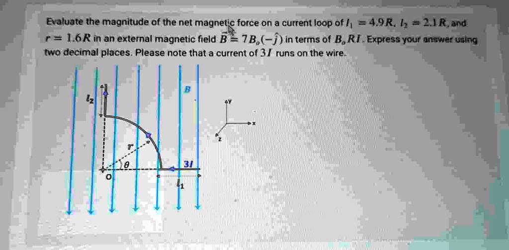evaluate the magnitude of the net magnetic force on a current loop of i149ri221r and r16r in an external magnetic field vecb7bo hatj in terms of bori express your answer using two decima 73857