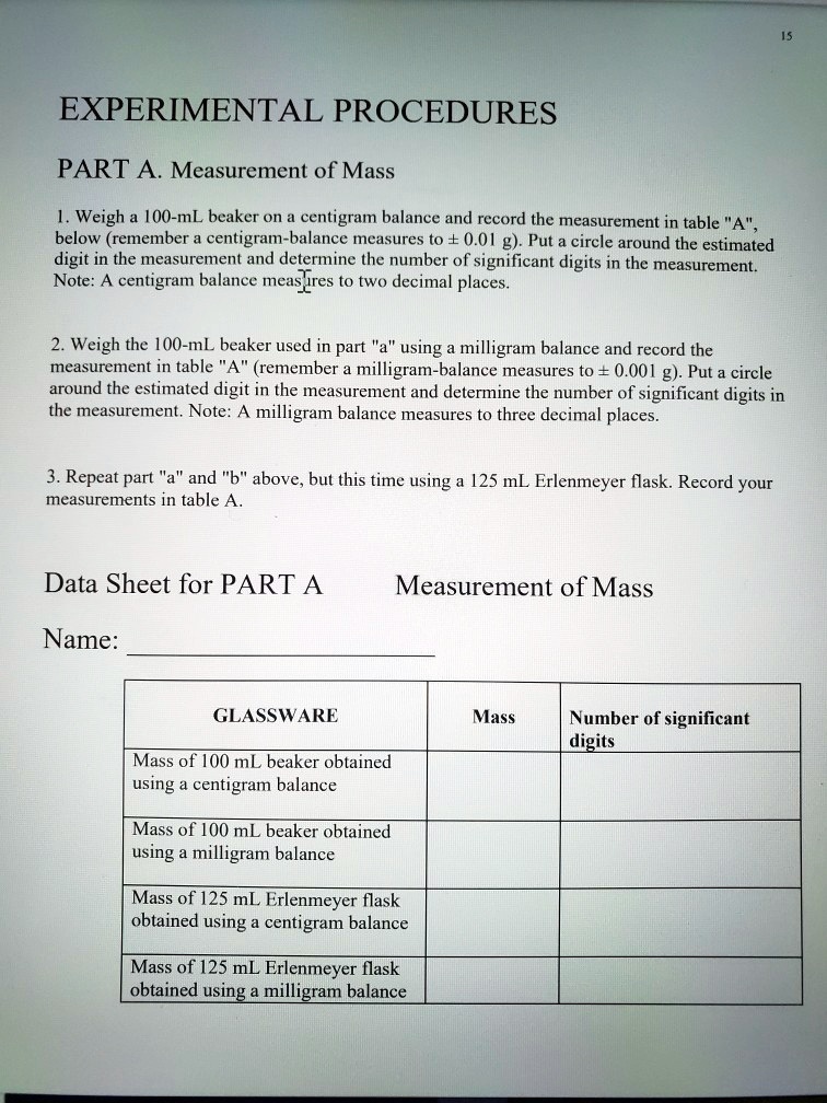 SOLVEDEXPERIMENTAL PROCEDURES PART A Measurement of Mass Weigh a [00