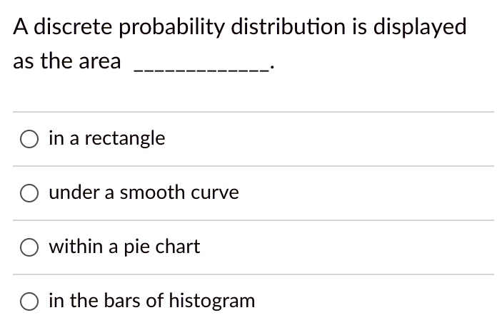 SOLVED: A discrete probability distribution is displayed as the area in ...