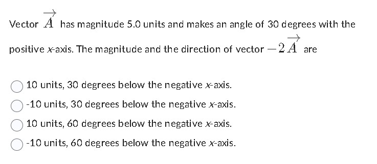 SOLVED: Vector A⃗ has magnitude 5.0 units and makes an angle of 30 ...
