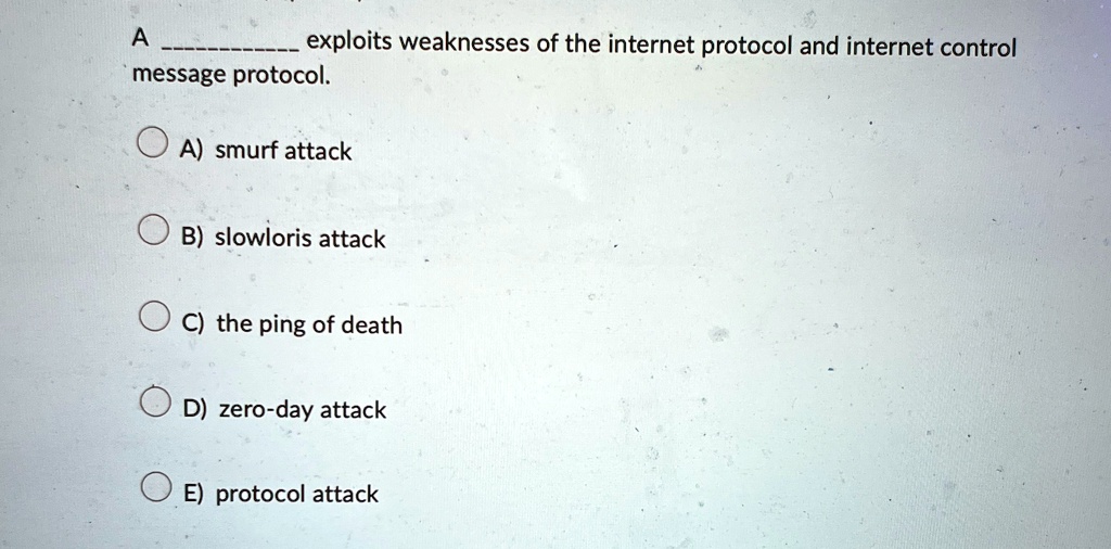 a  exploits weaknesses of the internet protocol and internet control message protocol a smurf attack b slowloris attack c the ping of death d zero day attack e protocol attack 77295