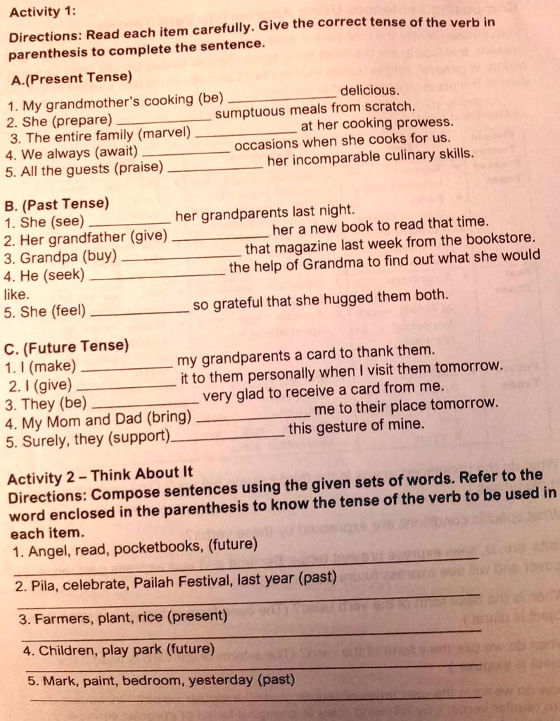 Activity 1 Directions Read each item carefully. Give the correct