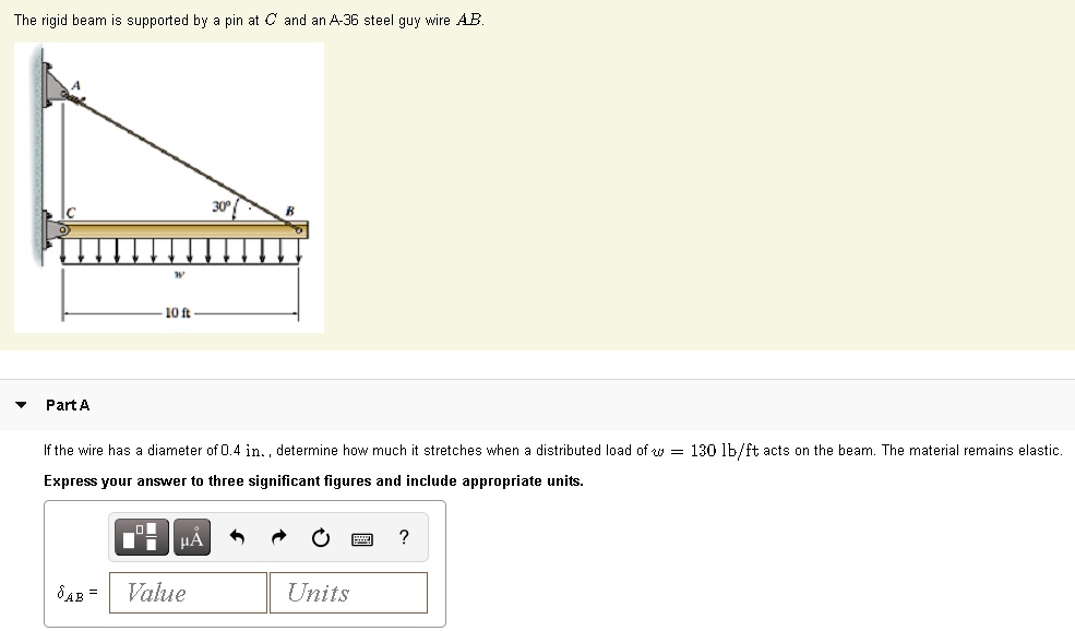 SOLVED The rigid beam is supported by pin at C and an436 steel guy
