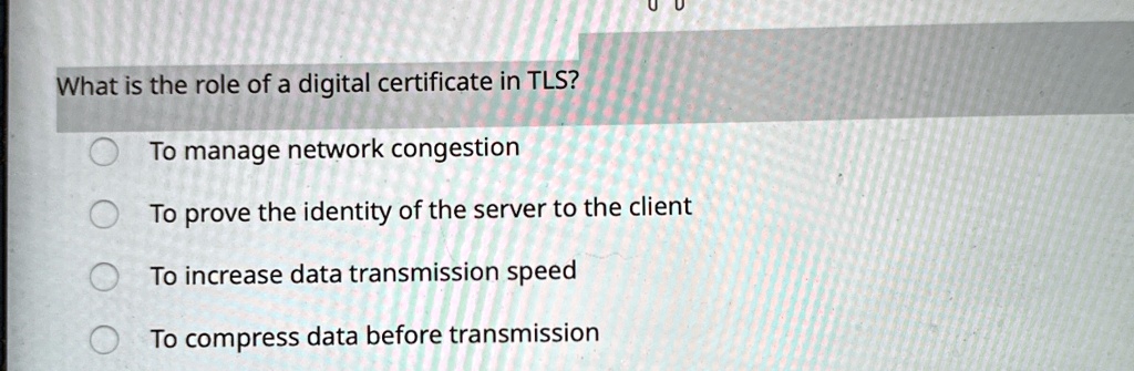 what is the role of a digital certificate in tls to manage network congestion to prove the identity of the server to the client to increase data transmission speed to compress data before tr 30153