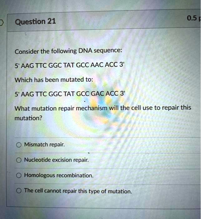 Consider the following DNA sequence:
5' AAG TTC GGC TAT GCC AAC ACC 3'
Which has been mutated to:
5' AAG TTC GGC TAT GCC GAC ACC 3'
What mutation repair mechanism will the cell use to repair this
mutation?
Mismatch repair.
Nucleotide excision repair.
Homologous recombination.
The cell cannot repair this type of mutation.
