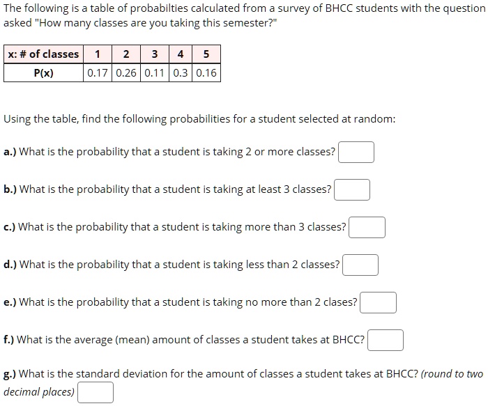The following is a table of probabilties calculated from a survey of BHCC students with the question asked "How many classes are you taking this semester?"
x: # of classes
1
2
3
4
5
P(x)
0.17
0.26
0.11
0.3
0.16
Using the table, find the following probabilities for a student selected at random:
a.) What is the probability that a student is taking 2 or more classes?
b.) What is the probability that a student is taking at least 3 classes?
c.) What is the probability that a student is taking more than 3 classes?
d.) What is the probability that a student is taking less than 2 classes?
e.) What is the probability that a student is taking no more than 2 clases?
f.) What is the average (mean) amount of classes a student takes at BHCC?
g.) What is the standard deviation for the amount of classes a student takes at BHCC? (round to two decimal places)