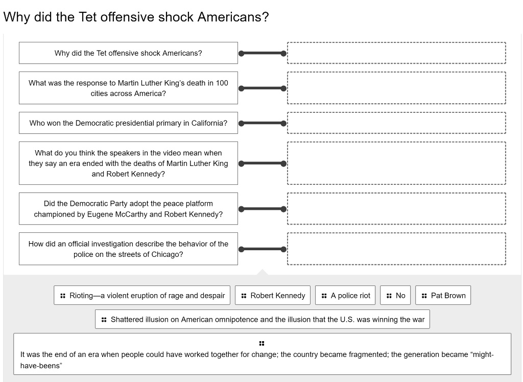 Why did the Tet offensive shock Americans?
Why did the Tet offensive shock Americans?
What was the response to Martin Luther King's death in 100 cities across America?
Who won the Democratic presidential primary in California?
What do you think the speakers in the video mean when they say an era ended with the deaths of Martin Luther King and Robert Kennedy?
Did the Democratic Party adopt the peace platform championed by Eugene McCarthy and Robert Kennedy?
How did an official investigation describe the behavior of the police on the streets of Chicago?
Rioting—a violent eruption of rage and despair
Robert Kennedy
A police riot
No
Pat Brown
Shattered illusion on American omnipotence and the illusion that the U.S. was winning the war
It was the end of an era when people could have worked together for change; the country became fragmented; the generation became "might-have-beens"