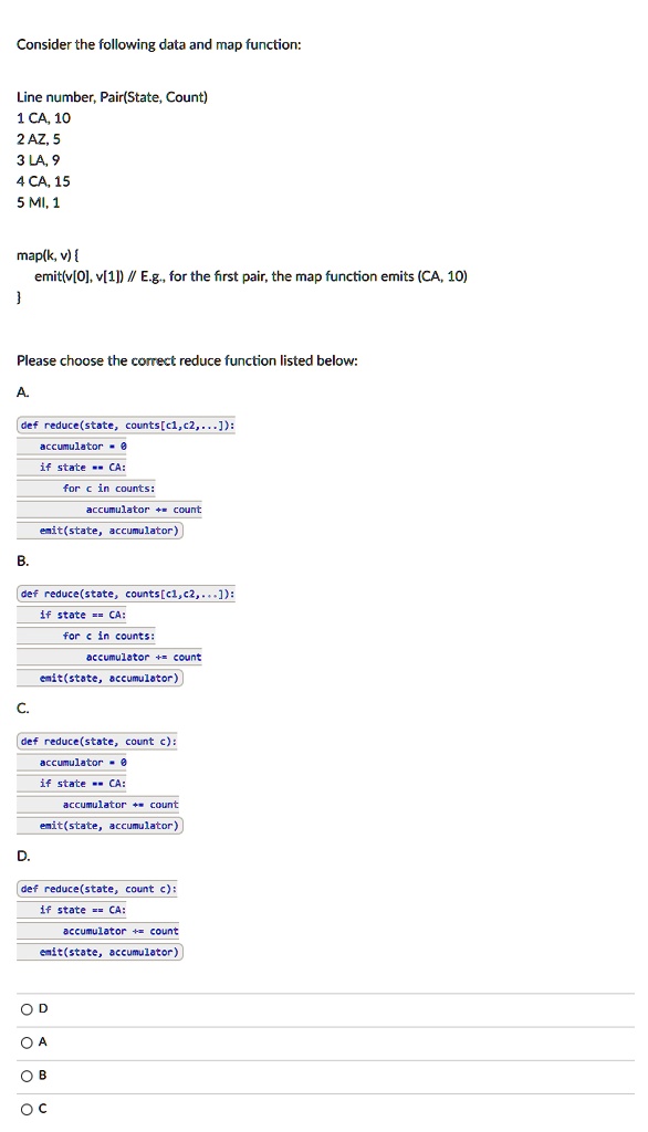 SOLVED: Consider the following data and map function: Line number, Pair ...
