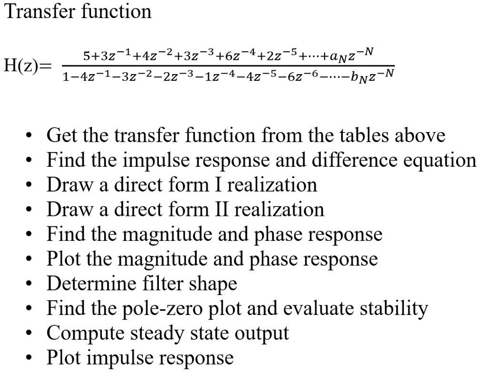 Solved Transfer Function 5 32 1 42 2 32 3 62 24 22 5 T Anz N H Z 1 42 132 222 312 44z 562 6 Bnz N Get The Transfer Function From The Tables Above Find The Impulse Response And Difference Equation Draw A Direct Form I