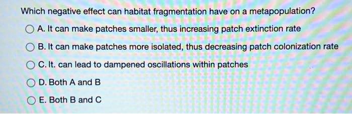 Which negative effect can habitat fragmentation have on a metapopulation?
A. It can make patches smaller, thus increasing patch extinction rate
B. It can make patches more isolated, thus decreasing patch colonization rate
C. It can lead to dampened oscillations within patches
D. Both A and B
E. Both B and C