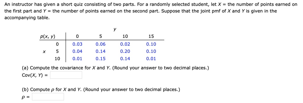 An instructor has given a short quiz consisting of two parts. For a randomly selected student, let X = the number of points earned on the first part and Y = the number of points earned on the second part. Suppose that the joint pmf of X and Y is given in the accompanying table.

      y
p(x,y)   0     5     10    15
x
0       0.03  0.06  0.02  0.10
5       0.04  0.14  0.20  0.10
10      0.01  0.15  0.14  0.01

(a) Compute the covariance for X and Y. (Round your answer to two decimal places.)
Cov(X, Y) =

(b) Compute ? for X and Y. (Round your answer to two decimal places.)
? =