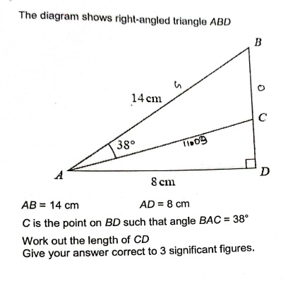 The diagram shows right-angled triangle ABD AB = 14 cm AD