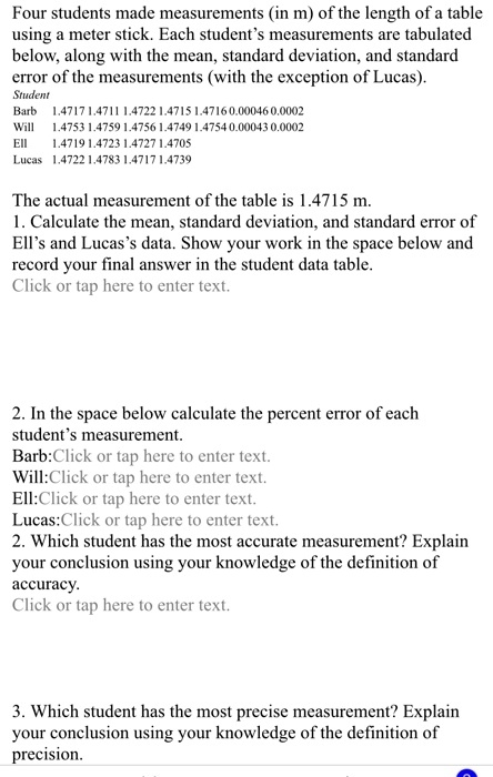 four students made measurements in m of the length of table using meter ...
