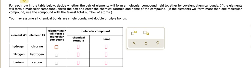 For each row in the table below, decide whether the pair of elements will form a molecular compound held together by covalent chemical bonds. If the elements will form a molecular compound, check the box and enter the chemical formula and name of the compound. (If the elements will form more than one molecular compound, use the compound with the fewest total number of atoms.)

You may assume all chemical bonds are single bonds, not double or triple bonds.

element #1 element #2 element pair will form a molecular compound molecular compound chemical formula name
hydrogen chlorine
nitrogen hydrogen
barium carbon