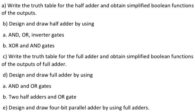 SOLVED: A) Write The Truth Table For The Half Adder And Obtain ...