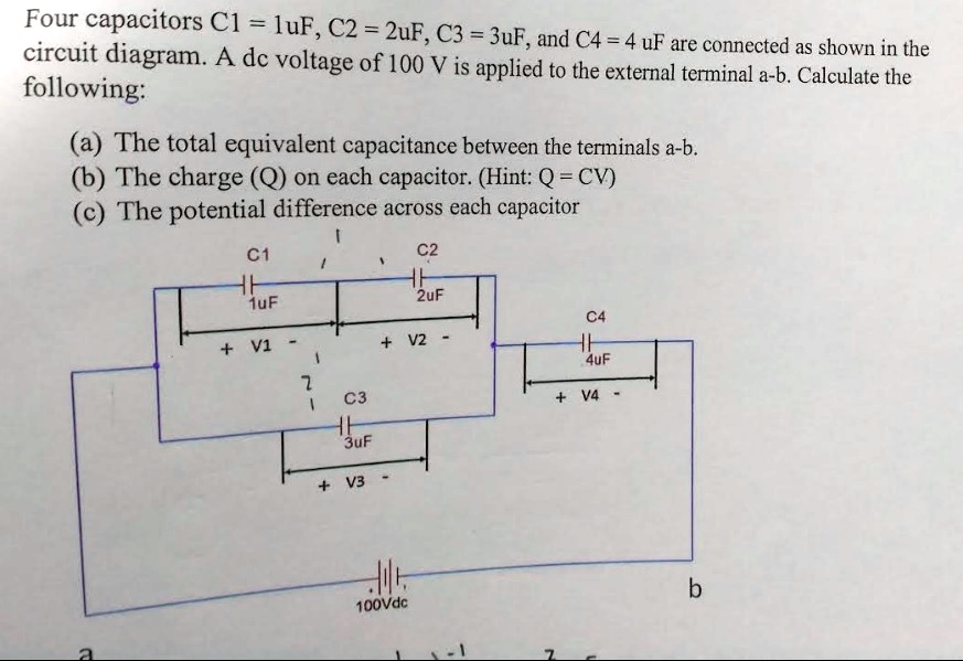 Four capacitors C1=1uF, C2=2uF, C3=3uF, and C4=4uF are connected as
