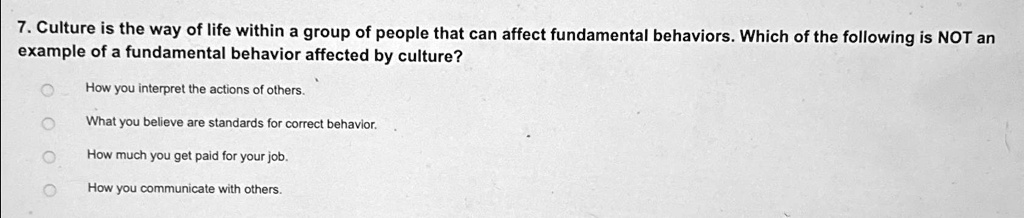 culture is the way of life within a group of people that can affect fundamental behaviors which of the following is not an example of a fundamental behavior affected by culture how you inter 99428
