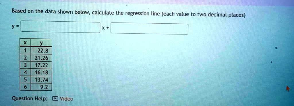 Based on the data shown below, calculate the regression line (each value to two decimal places)
y =  x + 

    x     y 
     1     22.8 
    
    2     21.26 
    
    3     17.22 
    
    4     16.18 
    
    5     13.74 
    
    6     9.2
