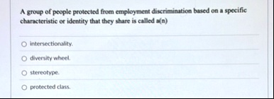 a group of people protected from employment discrimination based on a specific characteristic or identity that they share is called an intersectionality diversity wheel stereotype protected  29861