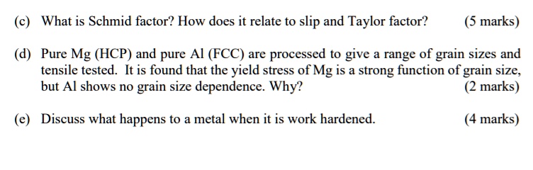 (c) What is Schmid factor? How does it relate to slip and Taylor factor ...