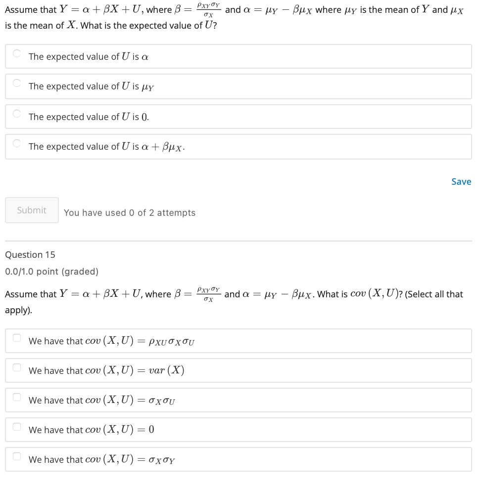 SOLVED: Assume that Y=α+β X+U, where β=(ρX YσY)/(σX) and α=μY-βμX where ...