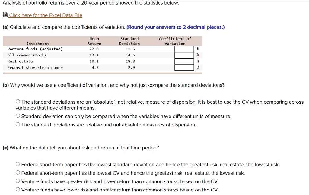 Analysis of portfolio returns over a 20-year period showed the statistics below.

Click here for the Excel Data File

(a) Calculate and compare the coefficients of variation. (Round your answers to 2 decimal places.)

Investment | Mean Return | Standard Deviation | Coefficient of Variation
— | — | — | —
Venture funds (adjusted) | 22.0 | 11.6 | % 
All common stocks | 12.1 | 14.6 | % 
Real estate | 10.1 | 18.8 | % 
Federal short-term paper | 4.3 | 2.9 | % 

(b) Why would we use a coefficient of variation, and why not just compare the standard deviations?

- The standard deviations are an "absolute", not relative, measure of dispersion. It is best to use the CV when comparing across variables that have different means.
- Standard deviation can only be compared when the variables have different units of measure.
- The standard deviations are relative and not absolute measures of dispersion.

(c) What do the data tell you about risk and return at that time period?

- Federal short-term paper has the lowest standard deviation and hence the greatest risk; real estate, the lowest risk.
- Federal short-term paper has the lowest CV and hence the greatest risk; real estate, the lowest risk.
- Venture funds have greater risk and lower return than common stocks based on the CV.
- Venture funds have lower risk and greater return than common stocks based on the CV.